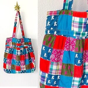 Vintage Disney Parks Mickey Mouse Hobo Tote Bag Patchwork Madras Red Blue Cotton